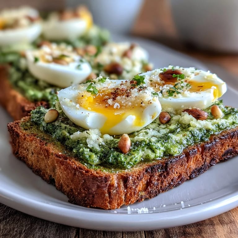 Crispy sourdough toast topped with homemade spinach pesto and halved soft-boiled egg, ideal for a healthy breakfast or brunch.