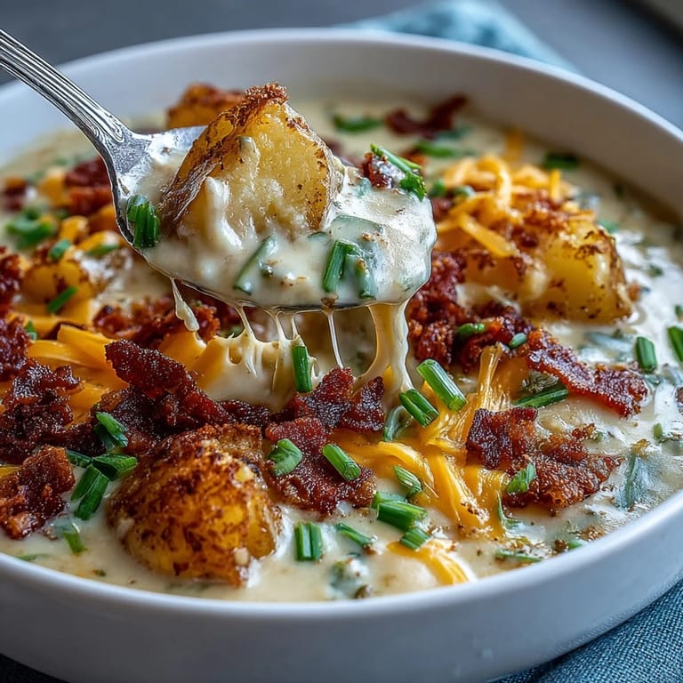 Velvety St. Patricks Day Loaded Baked Potato Soup featuring tender Yukon Gold potatoes and a swirl of Greek yogurt garnish.