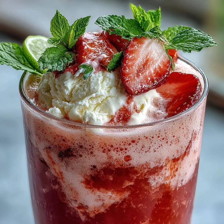 Sweet strawberry daiquiri float with vanilla ice cream and sparkling water, perfect for summer sipping.