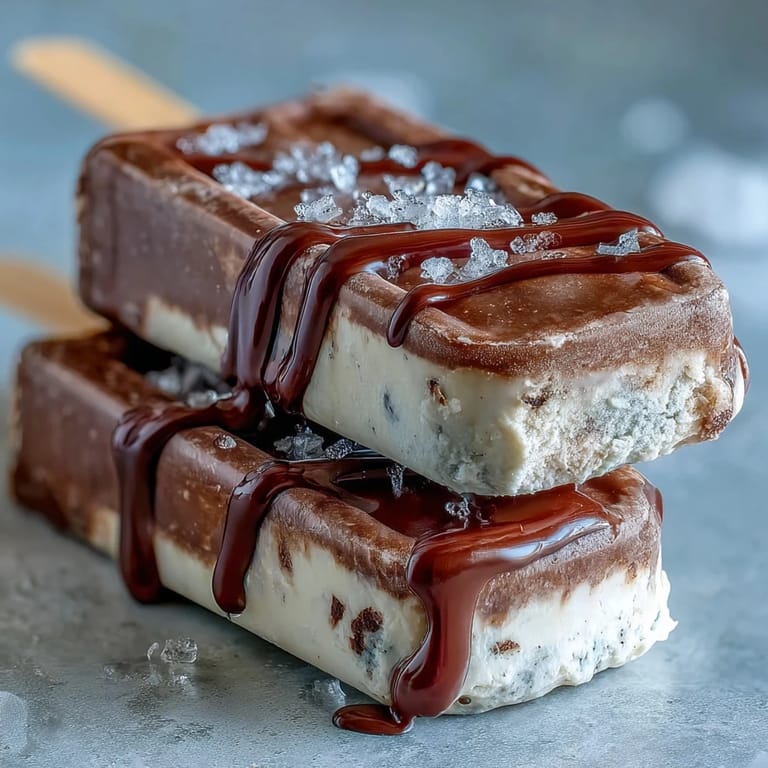 A close-up of a finished Vanilla Bean Frappuccino Fudge Pop showing the rich chocolate layer and the speckled vanilla bean coffee base.