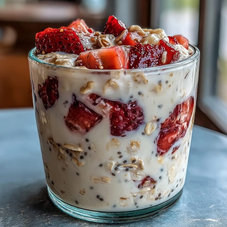 A jar of overnight oats topped with strawberries and banana slices, ready for a quick morning meal.  