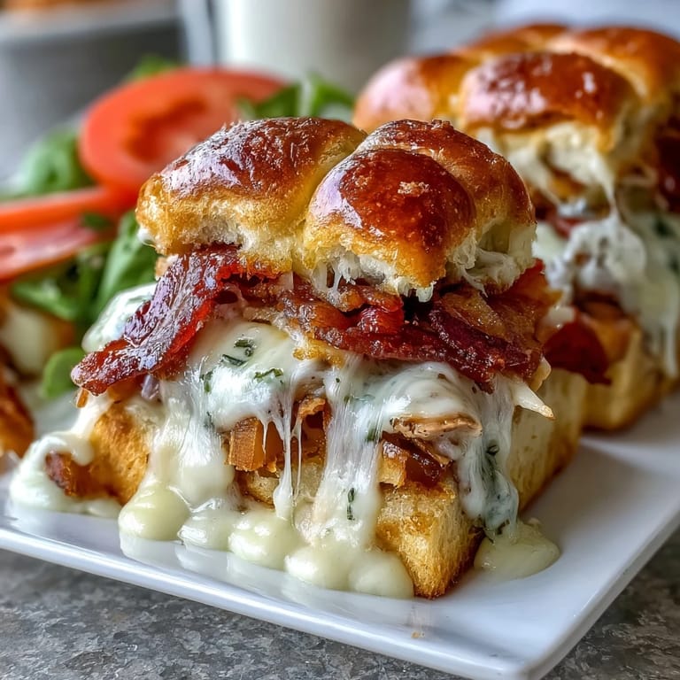Miniature Hot Brown sandwiches featuring layers of turkey, crispy bacon, and rich cheese sauce, perfect for Kentucky Derby celebrations.  