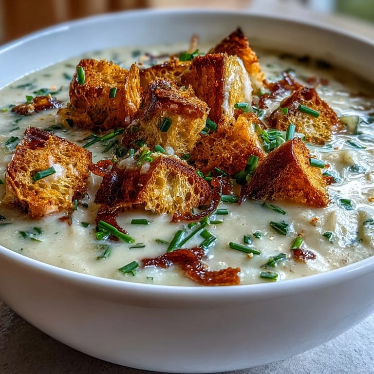 Rich and comforting leek and potato soup with golden sourdough croutons, perfect for a cozy vegetarian meal.