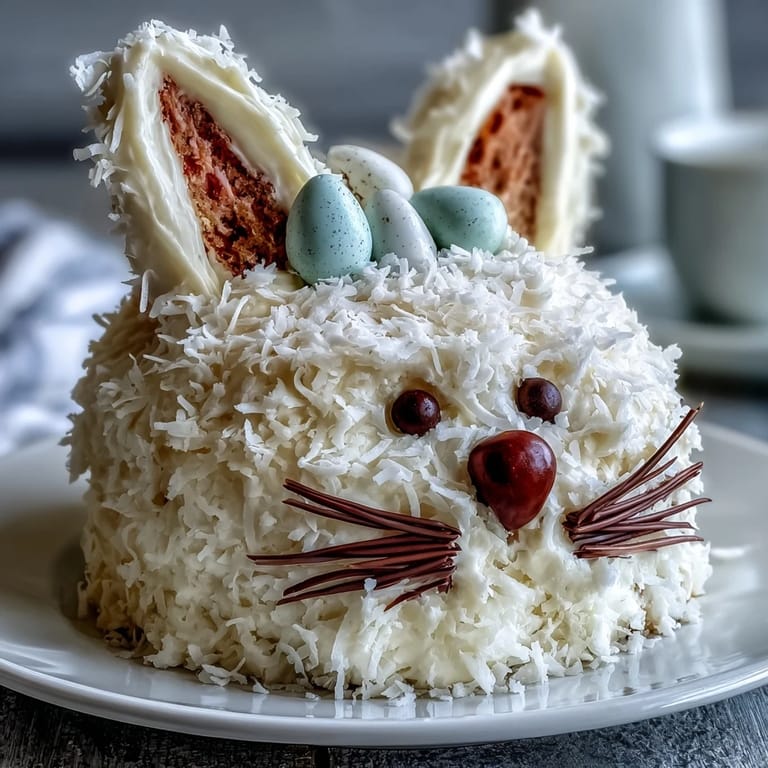 Festive Easter Bunny Cake decorated with shredded coconut, jelly beans, and licorice whiskers for a whimsical touch.