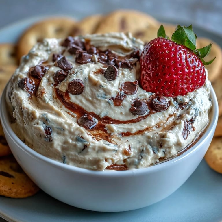 Protein-packed cookie dough dip made with almond butter and cottage cheese, perfect for dipping fruit or crackers at your next party.  