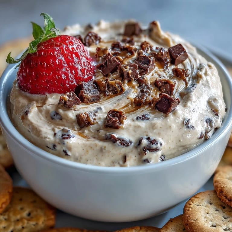 Velvety cottage cheese-based cookie dough dip swirled with chocolate chips, served alongside colorful fresh fruit for a nutritious sweet treat.