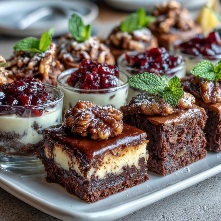 Assorted mini treats arranged on a tiered stand, including rich chocolate brownies, tangy lemon cheesecakes, and vibrant fruit tartlets for a festive dessert spread.