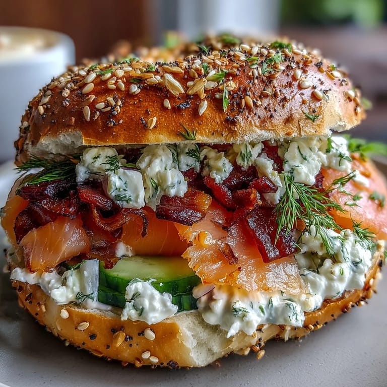 High-protein cottage cheese bagels with smoked salmon, capers, and red onion, garnished with fresh dill and cracked black pepper.  