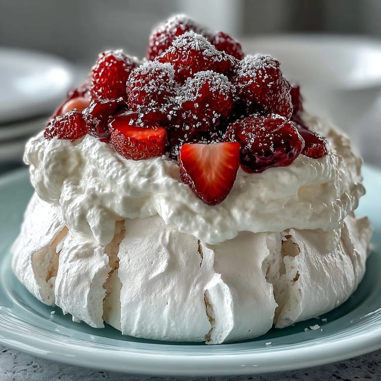 Golden-brown meringue nests cradle a cloud of vanilla whipped cream and vibrant red strawberry slices for a stunning dessert.  