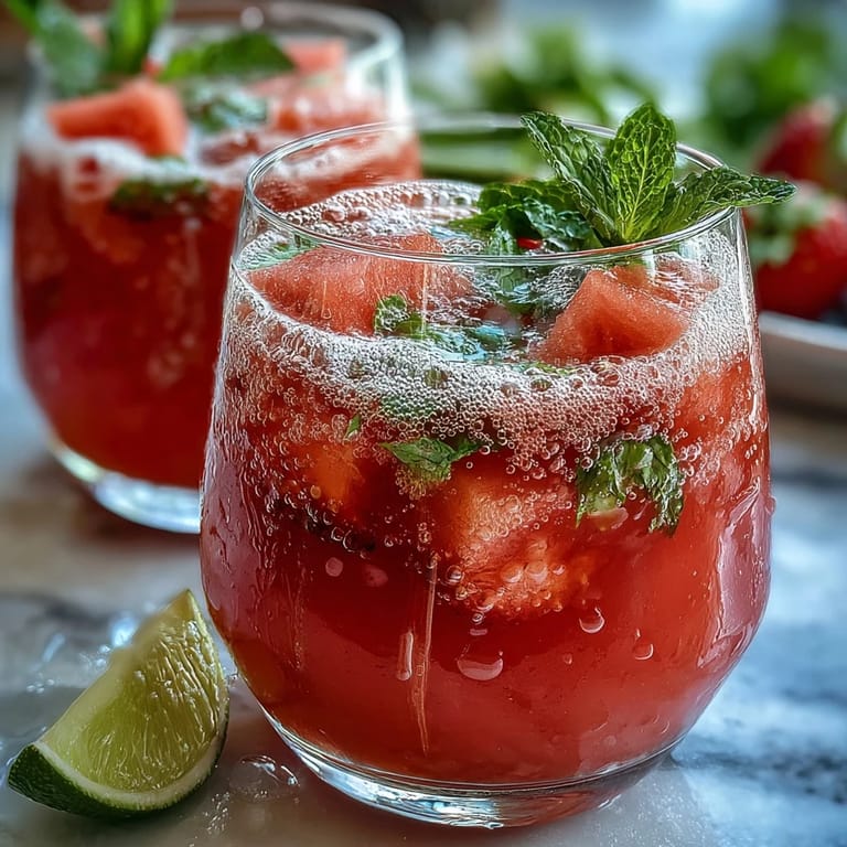 Bright watermelon-lime sparkling drink garnished with mint and lime, a light gluten-free punch ideal for warm-weather celebrations.