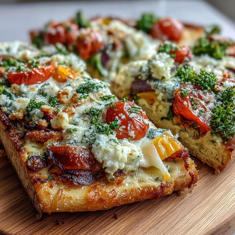 A festive St. Patricks Day Rainbow Veggie Flatbread Pizza topped with fresh tomatoes, peppers, and greens for a healthy celebration meal.