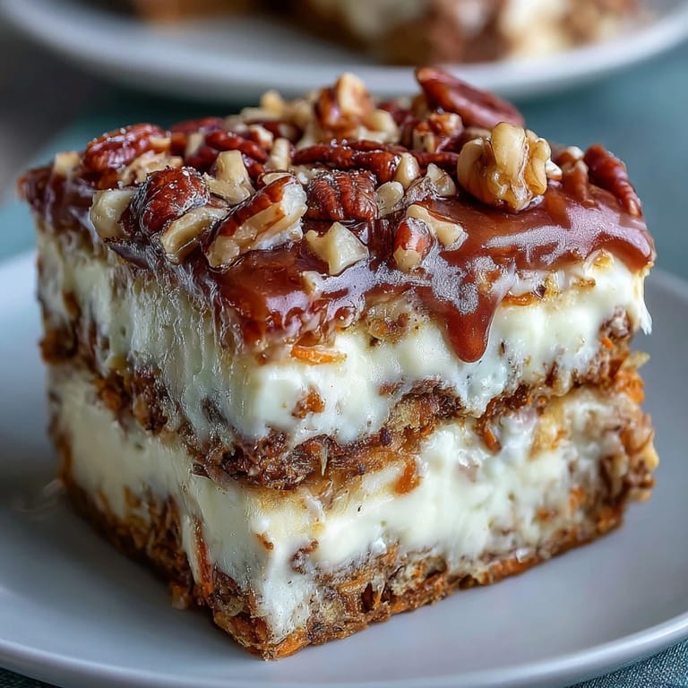 Moist spiced carrot cake layers with tangy cream cheese frosting, topped with chopped walnuts and edible flowers for a spring celebration.
