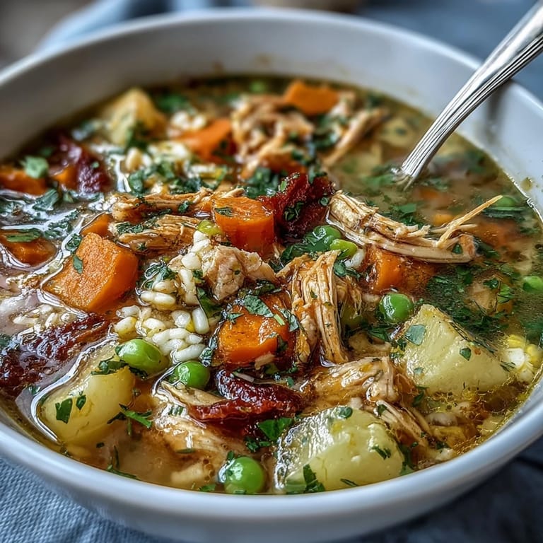 A comforting bowl of Slow Cooker Chicken Pot Pie Soup with vegetables and flaky pastry topping.