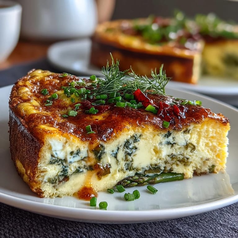 Fluffy baked frittata with tender asparagus, creamy goat cheese, and fresh herbs, served warm from the oven.