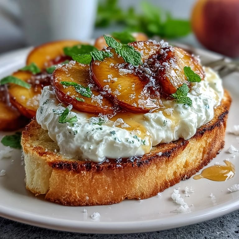 Ripe peaches and torn burrata on rustic toast, finished with honey, olive oil, and fresh basil for a bright, elegant appetizer.