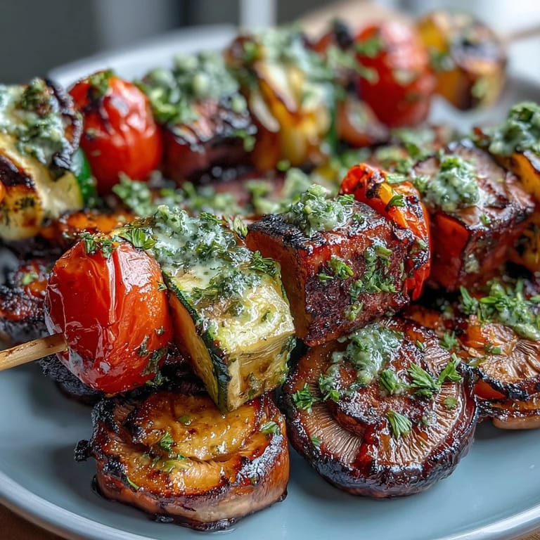 Bright and healthy summer grilled veggie skewers with chimichurri, showcasing tender vegetables with a zesty herb drizzle.