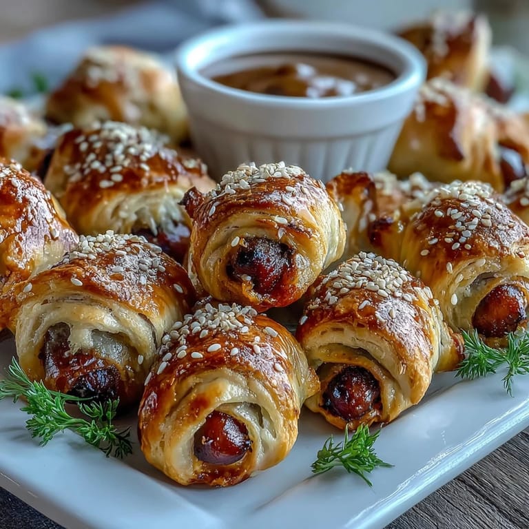 Warm, bite-sized pigs in a blanket baked until golden, paired with a creamy mustard and honey sauce for dipping.