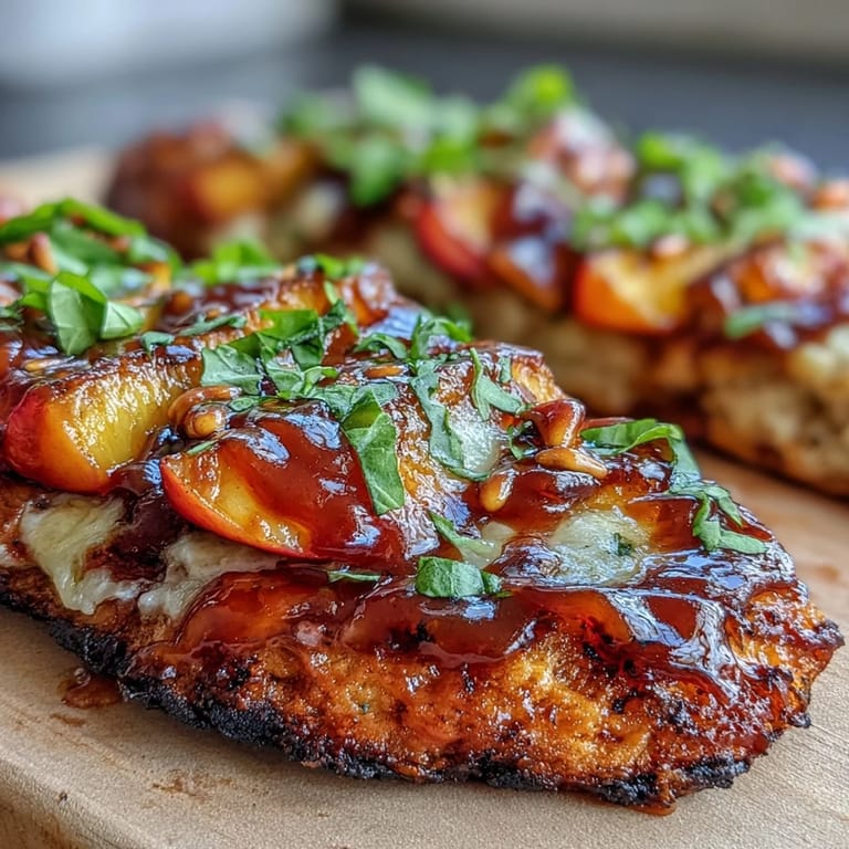 Summer-ready flatbread topped with juicy grilled peaches, creamy Brie, red onion, and a drizzle of honey.  