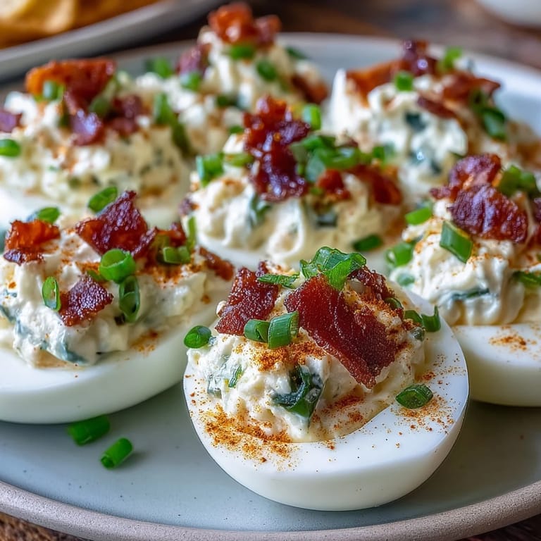 Cream cheese and jalapeño-stuffed deviled eggs topped with smoky bacon and cheddar.  