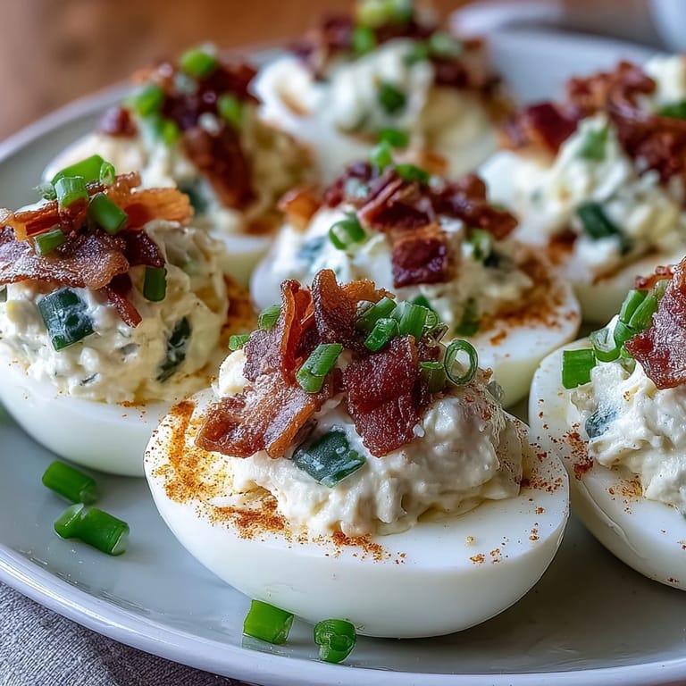 Deviled eggs with jalapeño and bacon, a zesty twist perfect for parties and potlucks.