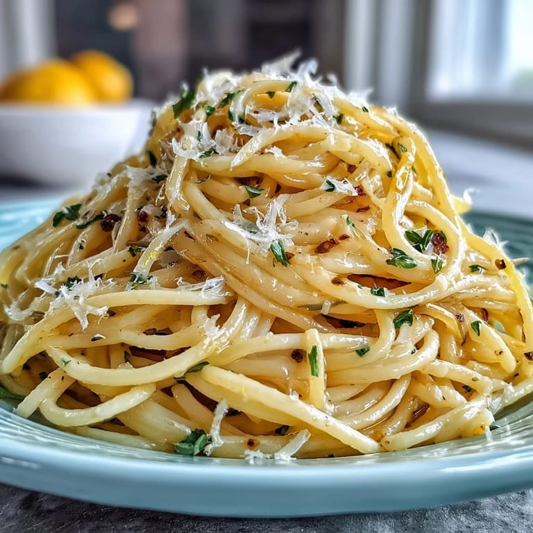 Bright lemon butter pasta tossed with garlic and Parmesan, served hot with a sprinkle of fresh herbs and extra cheese.  