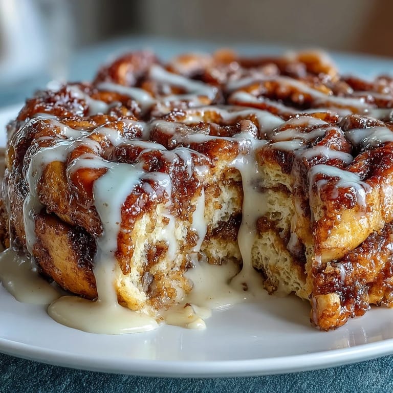Decadent breakfast bake featuring fluffy pancakes, cinnamon sugar ribbons, and a rich cream cheese glaze topping.