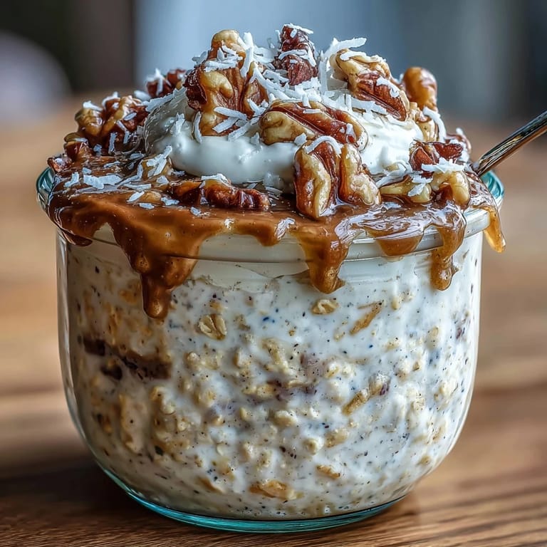 Delicious Carrot Cake Overnight Oats ready to enjoy with spiced walnut topping.