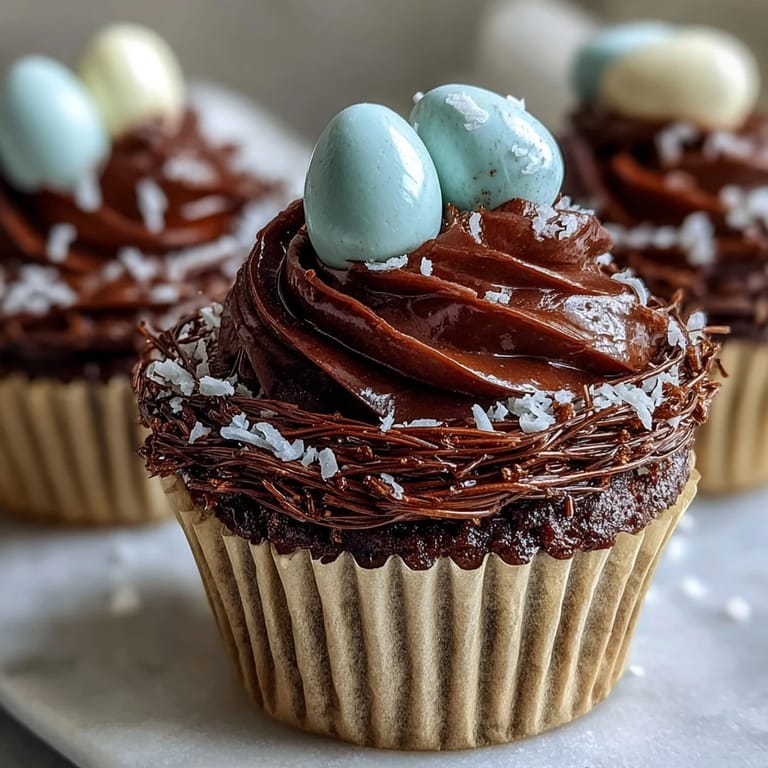 Decorated Easter Nest Cupcakes with edible candy eggs, a festive dessert delight.