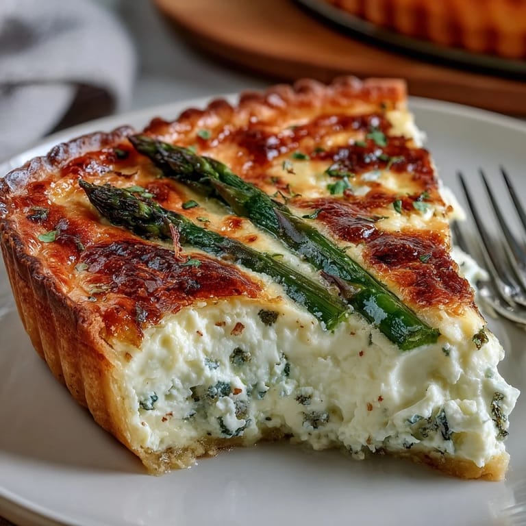 Elegant Asparagus Ricotta Tart, beautifully arranged with tender green spears.