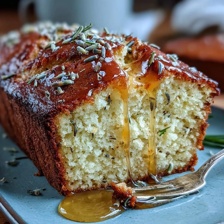 Moist Lemon Lavender Loaf Cake glistening with drizzled honey glaze on a rustic board.