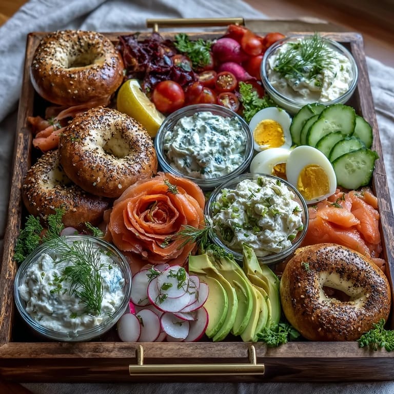 Impressive smoked salmon bagel board, a delicious brunch centerpiece for any special occasion.