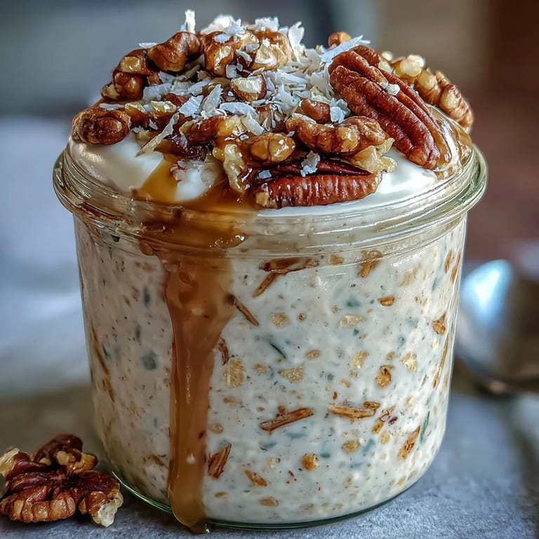 Velvety Carrot Cake Overnight Oats bowl, a perfect grab-and-go breakfast.