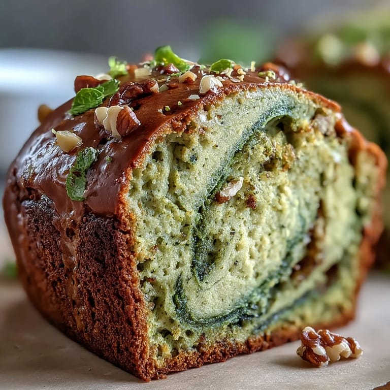 Close-up of a fresh matcha swirl banana bread loaf with perfect crumb.