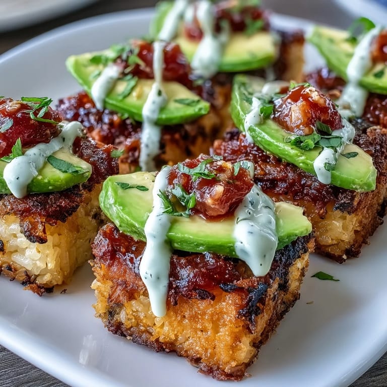 Viral appetizer: crispy rice bites piled high with spicy tuna, creamy avocado drizzle.