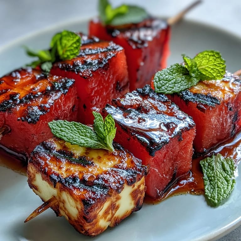 Golden brown grilled halloumi and watermelon skewers, perfectly seasoned, ready for summer.