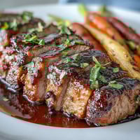 Roasted One-Pan Honey Balsamic Pork Tenderloin with rainbow carrots glimmering with sticky, sweet glaze.