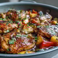 One-pan mango chili chicken and veggie bake with juicy chicken, sweet mango, and roasted peppers for a colorful summer dinner.  