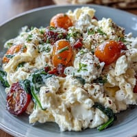 Fluffy scrambled eggs with creamy cottage cheese and colorful sautéed vegetables for a protein-rich breakfast.