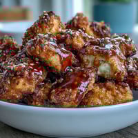 Crispy air-fried Korean chicken glazed with spicy-sweet gochujang sauce and sesame seeds.  