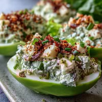 Creamy avocado egg salad topped with everything bagel seasoning served in crisp lettuce boats for a fresh keto meal.  