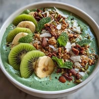 Shamrock Green Smoothie Bowl with Kiwi and Spinach: A vibrant blend of fresh spinach, kiwi, and banana topped with granola and coconut.