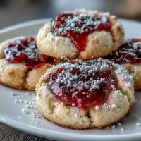 Delicious strawberry thumbprint cookies with buttery shortbread base and sweet jam center, ideal for summer picnics and gatherings.