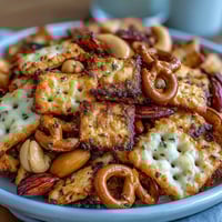 Crispy homemade sourdough Cheez-Its blend with roasted nuts and pretzels for a savory snack mix perfect for parties.  