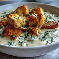 Creamy leek and potato soup with sourdough croutons, topped with fresh chives and served in a white bowl.  