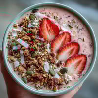 A vibrant strawberry matcha latte smoothie bowl with fresh berries and crunchy granola, perfect for a nourishing breakfast or energizing snack.
