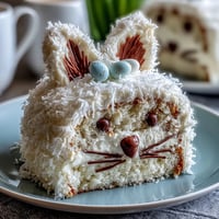 Adorable Easter Bunny Cake with coconut frosting, perfect for spring celebrations and family gatherings.