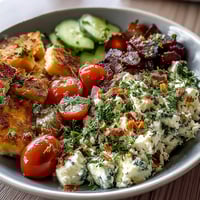 Savory cottage cheese breakfast bowl with fresh veggies, herbs, and olive oil for a protein-rich morning meal.