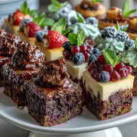 A colorful dessert bar featuring mini brownie bites, lemon cheesecake cups, and fresh berry tartlets, perfect for housewarming parties.