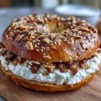 High-protein bagels with Greek yogurt everything dip on a wooden board, golden and chewy, sprinkled with savory seasoning.  