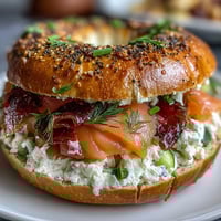 Cottage cheese bagels topped with smoked salmon and fresh dill, served with cream cheese, red onion, and cucumber slices.  